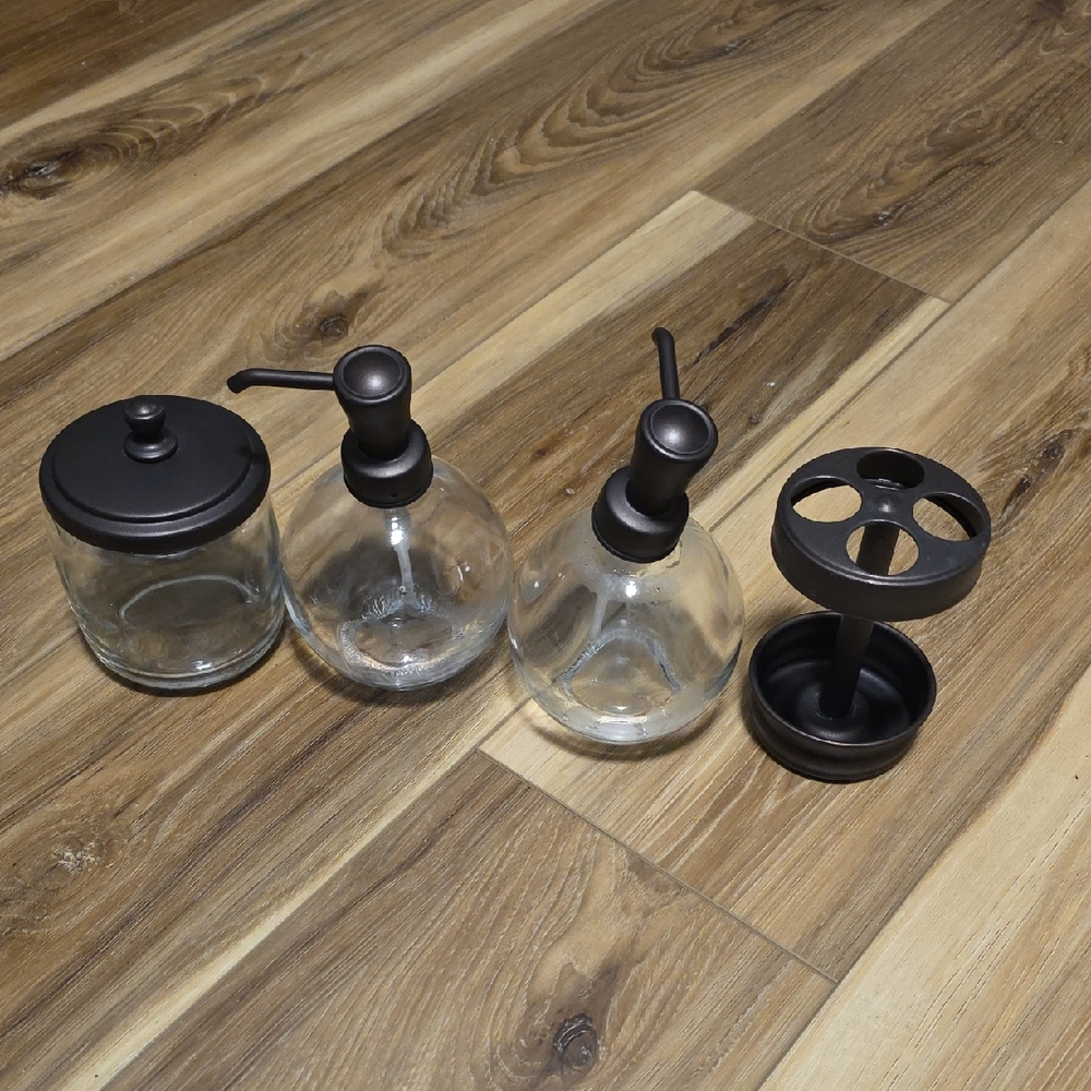 Bronze and Glass Bathroom Accessory Set